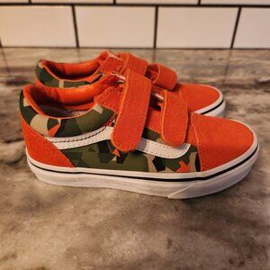 NEW WITH TAGS  Toddler Little Kids Camo and Orange Velcro Vans Sneakers Size 12